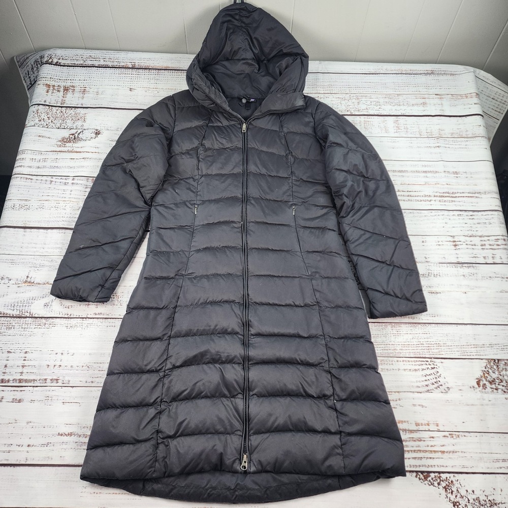 Patagonia Downtown Parka Womens Medium Black Down Hooded Long Coat 28468